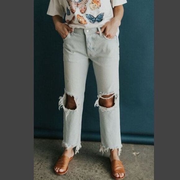 Free People Womens Maggie Jeans Sz 27 Paradise Blue Wash Straight Leg Distressed - Picture 10 of 10